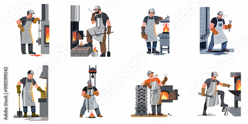 Set of foundry worker illustrations depicting men working in industrial steel manufacturing with furnaces, tools, and protective gear.