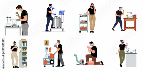 Set of flat illustrations depicting diverse researchers and technicians working with scientific equipment and chemicals in a modern laboratory environment.