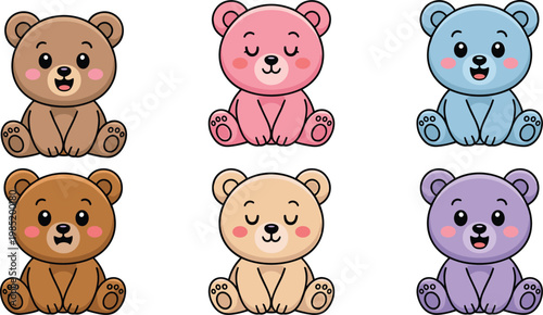 Cute Kawaii Teddy Bear Character Vector Set Featuring Colorful Plush Animals For Kids Nursery Toy Shop And Birthday Greeting Card Design