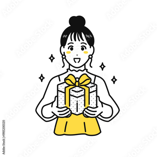 プレゼントを持つまとめ髪の若い女性のイラスト素材