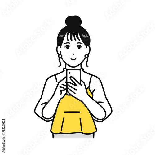 スマホを操作するまとめ髪の若い女性の正面アングルのイラスト素材