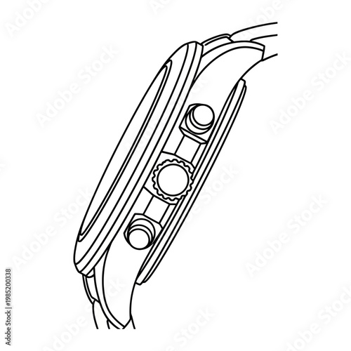 Detailed chronograph watch side view technical drawing line art illustration