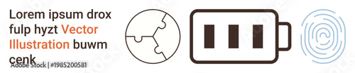 Problem-solving, technology, energy storage, digital identification, accessibility, innovation. A puzzle piece, battery icon and fingerprint graphic. Problem-solving and technology concept