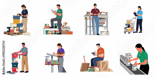 Set of diverse professional workers performing various tasks in a paint production and warehouse facility, including quality control, inventory management, and labeling.