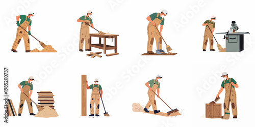 Collection of flat vector illustrations featuring a carpenter cleaning a wood workshop, sweeping sawdust with a broom, and wearing protective gear in various poses.