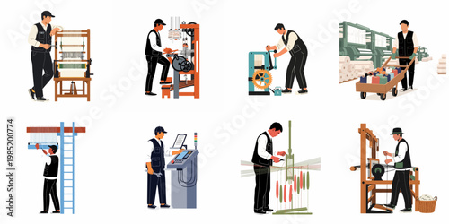 Set of illustrations depicting male workers operating traditional looms and modern machinery in a textile manufacturing and weaving factory environment.