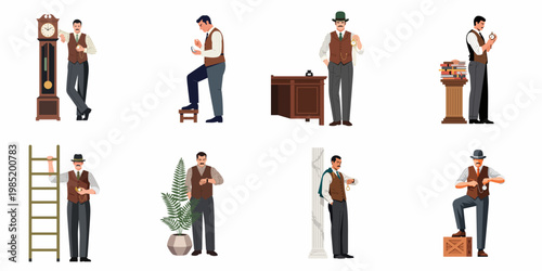 Collection of Victorian gentleman character illustrations in various poses with clocks and watches, emphasizing time management and historical style.