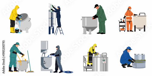 Vector illustration set of industrial workers in protective gear cleaning large metal tanks and machinery in a factory or warehouse environment.