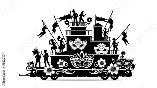 Carnival parade float silhouette with dancers, musicians, and masquerade masks.