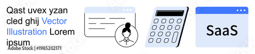 Business tools, SaaS, user management, data processing, technology solutions, digital communication. Features a profile icon, web interface calculator and SaaS element. Business tools and SaaS