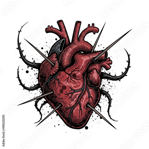Anatomical Heart Pierced by Thorns, Symbolizing Pain and Struggle