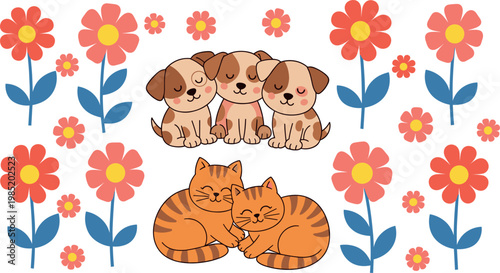 Cute cats and puppies with flowers seamless pattern adorable pets love animal background flat vector illustration design