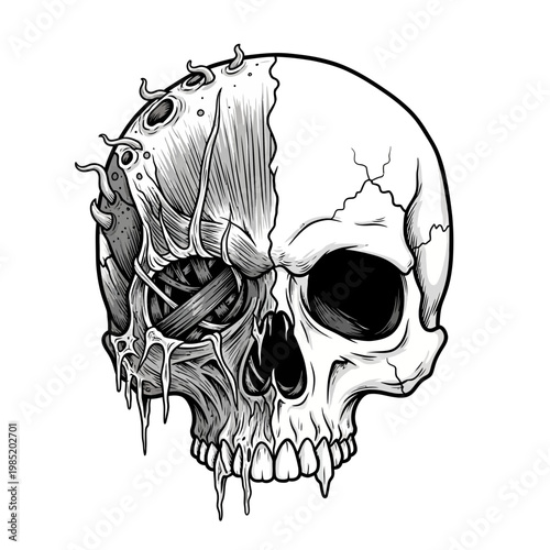 Disturbing Half-Decayed Skull Illustration