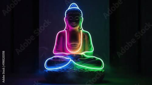 Vibrant neon outlined Buddha statue radiating modern spiritual enlightenment and calm energy
