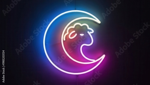 Vibrant neon crescent moon and sheep sign illuminating a dark background with colorful glow