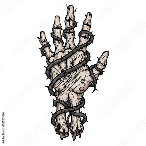 Skeleton Hand Entangled in Thorny Vines