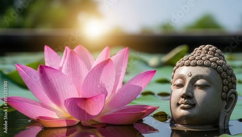 Serene Buddha head statue beside a vibrant pink lotus flower in a tranquil water pond with a