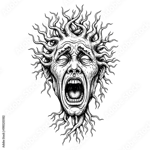Screaming Face with Tree Roots and Branches