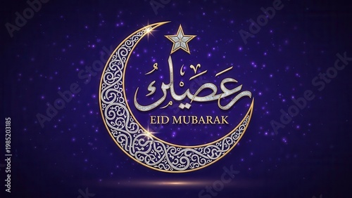 Glistening Crescent Moon and Star Design Illuminating an Eid Mubarak Greeting Against a Twinkling