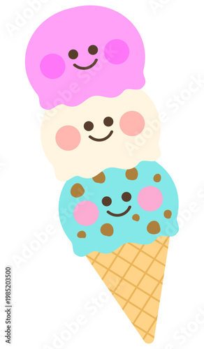 かわいい三段アイス（イチゴ・バニラ・チョコミント）