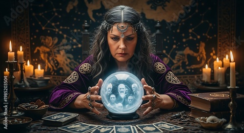 Mystical Fortune Teller Gazing into a Crystal Ball.