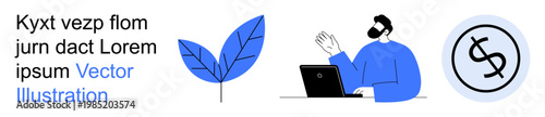 Freelancing, financial growth, remote work, eco-consciousness, technology usage, sustainability. A person working on a laptop, a blue leaf and a dollar coin. Freelancing and financial growth