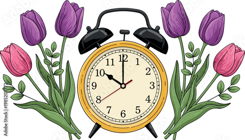 Alarm clock with tulip flowers spring time concept floral vector illustration
