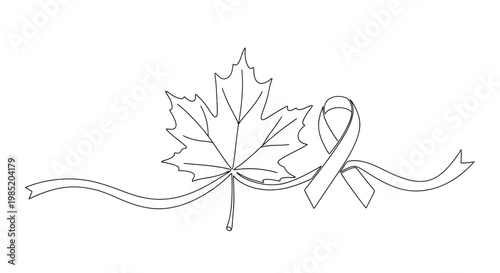 Canadian Maple Leaf with Awareness Ribbon and Decorative Banner - Line Art