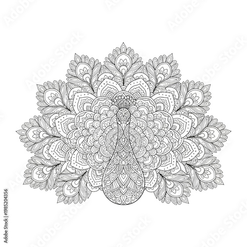 Intricate mandala illustration with floral and feather motifs with it's symmetri