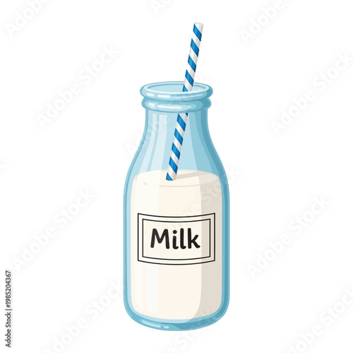Vintage milk bottle with blue striped straw and milk label with features a retro
