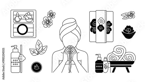 Spa and Wellness Center Icon Set with Line Art Illustration