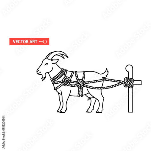 Goat tethered to a post line art vector illustration