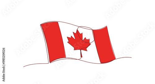 Canadian Flag Waving, Single Line Drawing, Maple Leaf Symbol, Red and White