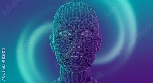 Vibrant digital wireframe human head shimmering with ethereal light representing futuristic AI concepts. AI Generated