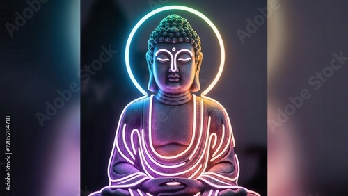 Modern meditative Buddha sculpture radiating vibrant neon spiritual light and peaceful energy