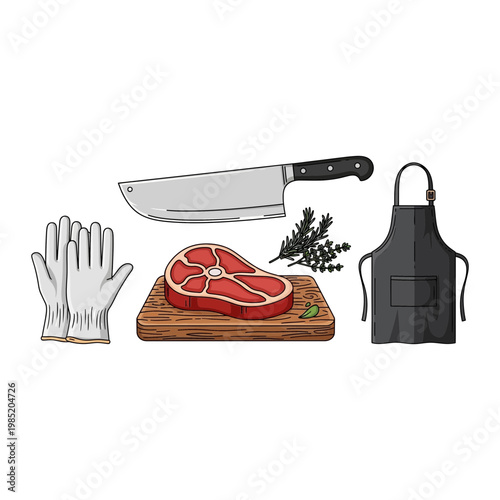 Butcher tools and meat ingredients illustration