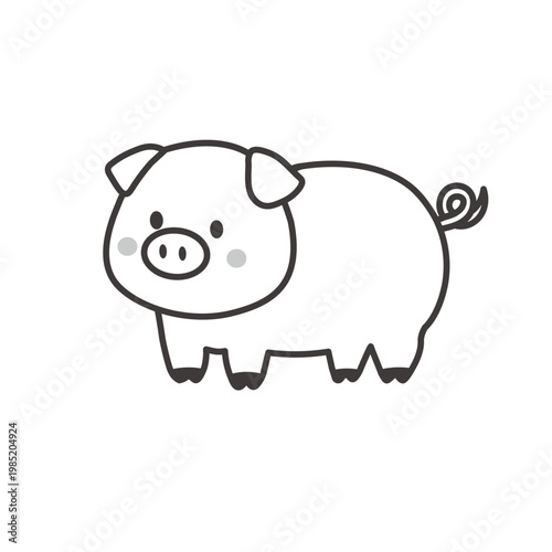 豚のモノクロイラスト　シンプル　かわいい