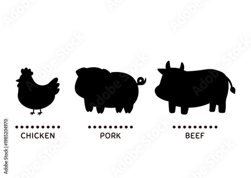 鶏と豚と牛のシルエットイラスト　ビーフ　ポーク　チキン　シンプルなアイコン素材
