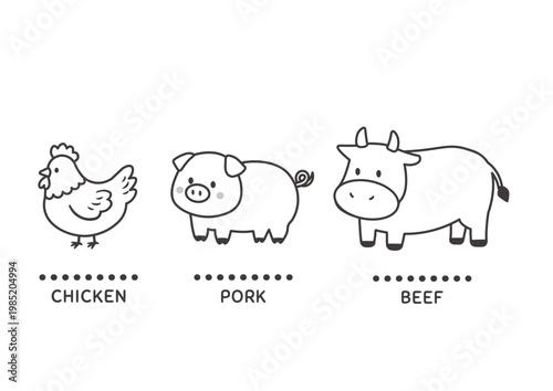 鶏と豚と牛のモノクロイラスト　ビーフ　ポーク　チキン　シンプルなアイコン素材