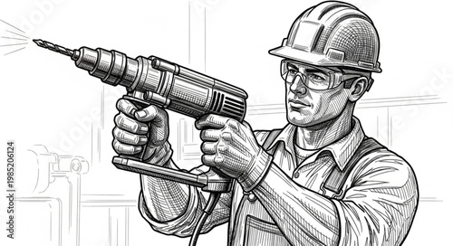 Construction worker operating handheld power drill on site.