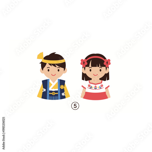Cute kids wearing traditional japanese clothing kimono illustration