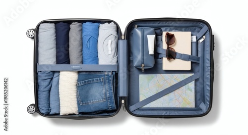 An open suitcase with neatly organized clothing and travel accessories inside
