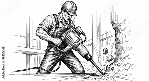 Construction worker operating jackhammer breaking concrete surface.