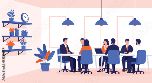 An illustrated office scene depicts a group of professionals seated around a long table during a meeting or collaborative work session high quality