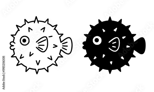 Pufferfish minimalist icon, outline and silhouette, for animal or wildlife design