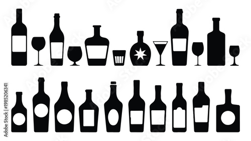 A collection of wine and liquor bottles with glasses and cocktail shaker silhouettes
