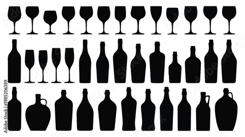 A black and white illustration shows various wine glasses and bottles arranged in rows on a table indoors.