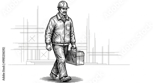 Construction worker carrying toolbox walking in sketch.