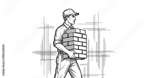 Construction worker carrying stack of bricks while walking.