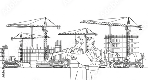 Construction Site Engineer Wearing Hardhat And Reflective Vest.